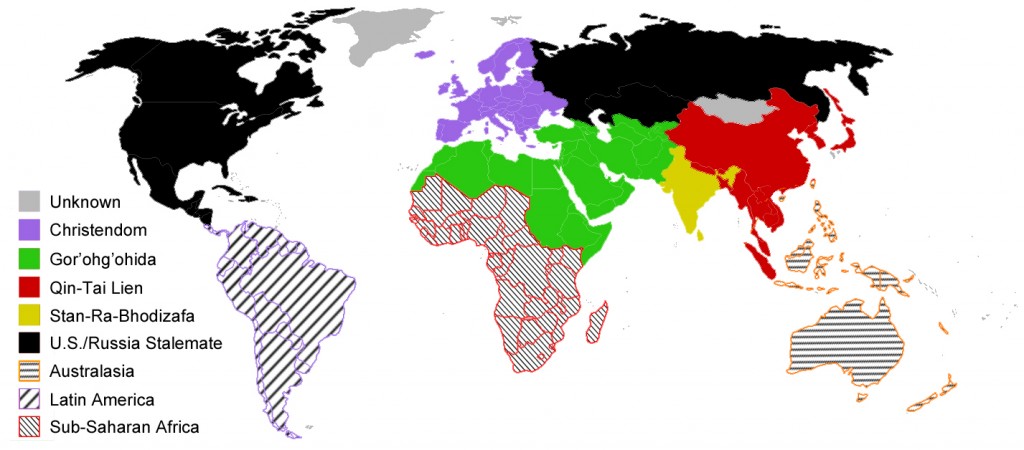 The world, c. 2093. Four main faiths hold sway over much of the land mass, while other areas have descended into pre-historical animism, ill-defined blends of a number of pre-existing faiths, or nuclear stalemates.